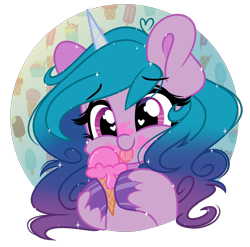 Size: 1846x1821 | Tagged: safe, artist:emberslament, imported from derpibooru, izzy moonbow, pony, unicorn, curly mane, cute, female, food, g5, gradient mane, happy, heart eyes, high res, hoof hold, ice cream, ice cream cone, icon, izzybetes, mare, messy eating, simple background, solo, tongue out, transparent background, unshorn fetlocks, wingding eyes