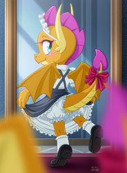Size: 884x1200 | Tagged: safe, artist:uotapo, imported from derpibooru, smolder, dragon, bloomers, bow, clothes, cute, dragoness, dress, female, looking at you, looking back, looking back at you, maid, maid headdress, mirror, reflection, shoes, smiling, smolder also dresses in style, smolderbetes, solo, tail bow, tail hole, uotapo is trying to murder us