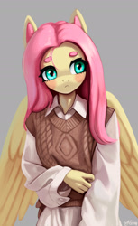 Size: 1607x2628 | Tagged: safe, artist:mrscroup, imported from derpibooru, fluttershy, anthro, beanbrows, clothes, eyebrows, gray background, oversized clothes, oversized shirt, shirt, simple background, solo, sweater, sweater vest, sweatershy