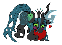 Size: 625x450 | Tagged: safe, imported from derpibooru, queen chrysalis, changeling, changeling queen, biting, blushing, cute, face down ass up, female, floating heart, floppy ears, heart, looking at you, simple background, solo, white background