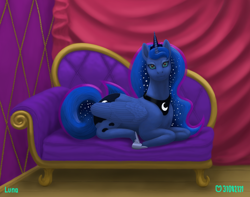 Size: 1300x1023 | Tagged: safe, artist:soobel, imported from derpibooru, princess luna, alicorn, pony, couch, looking at you, lying down, prone, solo