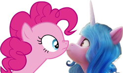 Size: 837x497 | Tagged: safe, edit, imported from derpibooru, izzy moonbow, pinkie pie, earth pony, pony, unicorn, boop, duo, eye contact, g5, looking at each other, noseboop, simple background, the new pinkie pie, transparent background