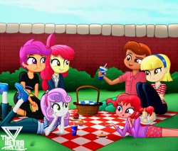 Size: 1200x1020 | Tagged: safe, artist:theretroart88, imported from derpibooru, apple bloom, pipsqueak, scootaloo, sweetie belle, oc, equestria girls, annika settergren, cardigan, clothes, cupcake, cutie mark crusaders, drink, eating, female, food, jeans, lying down, male, midriff, pants, picnic, pie, pipi, pippi longstocking, prone, rule 63, sandals, sandwich, shirt, shoes, shorts, sneakers, striped shirt, t-shirt, the pose, thomas settergren