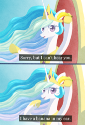 Size: 1668x2444 | Tagged: safe, artist:pitybug, imported from derpibooru, princess celestia, alicorn, pony, 2 panel comic, banana, bananalestia, bust, charlie the unicorn, comic, dexterous hooves, dialogue, female, food, high res, hoof hold, jewelry, looking at you, mare, pointing, regalia, solo, subtitles, three quarter view, throne, trollestia