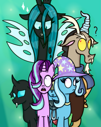 Size: 571x715 | Tagged: safe, artist:763lilypadpandaowl, imported from derpibooru, discord, queen chrysalis, starlight glimmer, thorax, trixie, changedling, changeling, changeling queen, draconequus, pony, unicorn, to where and back again, bag, clothes, female, green background, hat, male, question mark, reformed four, scared, shirt, shocked, simple background, sparkles, trixie's hat