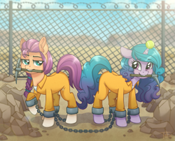 Size: 989x800 | Tagged: safe, artist:toxiccolour, imported from derpibooru, izzy moonbow, sunny starscout, earth pony, pony, unicorn, ankle chain, ankle cuffs, ball, barbed wire, bound together, chains, clothes, commission, cuffs, duo, duo female, female, fence, g5, horn, hornball, izzy's tennis ball, jumpsuit, magic suppression, mare, markings, mouth hold, pickaxe, prison, prison outfit, prisoner, raised hoof, rock, shirt, tennis ball, undershirt