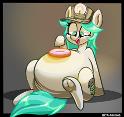 Size: 3500x3308 | Tagged: safe, artist:metalface069, imported from derpibooru, oc, oc only, earth pony, pony, belly, big belly, chubby, commission, donut, fat, female, food, frog (hoof), happy, hat, high res, mare, open mouth, open smile, smiling, underhoof