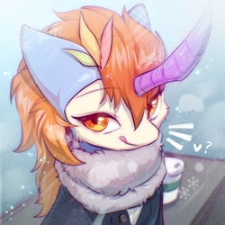 Size: 1500x1500 | Tagged: safe, artist:swaybat, imported from derpibooru, oc, oc only, oc:keyeswood, keldeo, pony, unicorn, clothes, coat, coffee, heart, looking at you, mythical pokémon, pokémon, question mark, smiling, snow, solo