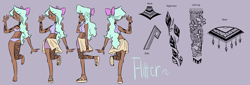 Size: 5000x1700 | Tagged: safe, artist:galaxiedream, imported from derpibooru, flitter, human, anklet, barefoot, belly button, belly piercing, bellyring, bow, bra, bracelet, clothes, compression shorts, dark skin, ear piercing, earring, feet, female, hair bow, humanized, jewelry, midriff, nail polish, nose piercing, panties, piercing, purple background, purple underwear, reference sheet, sandals, simple background, skirt, solo, sports bra, tattoo, toenail polish, underwear, wristband