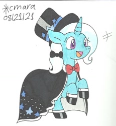 Size: 1026x1108 | Tagged: safe, artist:cmara, imported from derpibooru, trixie, pony, bow, bowtie, cape, clothes, hair bow, happy, hat, shoes, smiling, solo, top hat, traditional art