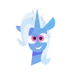 Size: 1440x1440 | Tagged: safe, artist:hazelnoods, imported from derpibooru, trixie, pony, unicorn, big eyes, bust, female, grin, looking at you, mare, mischievous grin, portrait, simple background, smiling, solo, sparkles, white background