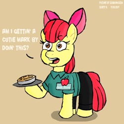 Size: 400x400 | Tagged: safe, imported from derpibooru, apple bloom, pony, apple, apple pie, applebee's, bow, clothes, female, food, holding, name tag, pie, question, shadow, signature, simple background, talking, text