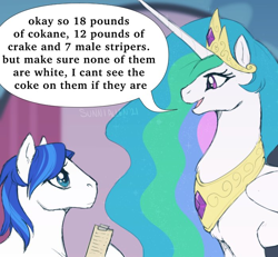 Size: 700x648 | Tagged: safe, artist:sekiryn, imported from derpibooru, princess celestia, shining armor, alicorn, pony, unicorn, clipboard, dialogue, duo, female, implied drug use, jewelry, looking at each other, male, mare, master chief and luna hanging out, meme, misspelling, open mouth, peytral, redraw, smiling, speech bubble, stallion, tiara