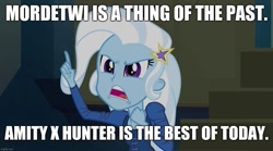 Size: 1280x714 | Tagged: safe, edit, edited screencap, imported from derpibooru, screencap, trixie, equestria girls, rainbow rocks, amity blight, caption, hunter (the owl house), image macro, implied mordetwi, implied shipping, implied twilight sparkle, meme, mordecai, regular show, text, the owl house, trixie yells at everything