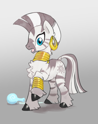 Size: 2075x2631 | Tagged: safe, artist:marbo, imported from derpibooru, zecora, zebra, /mlp/, bracelet, chest fluff, drawthread, ear piercing, earring, female, flask, fluffy, gradient background, hooves, jewelry, mare, neck rings, open mouth, piercing, potion, quadrupedal, raised hoof, requested art, solo, surprised