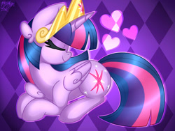 Size: 1280x960 | Tagged: safe, alternate version, artist:ladylullabystar, imported from derpibooru, twilight sparkle, alicorn, pony, crown, eyes closed, heart, jewelry, lying down, prone, regalia, solo, twilight sparkle (alicorn)