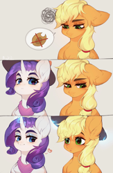 Size: 1920x2937 | Tagged: safe, artist:minekoo2, imported from derpibooru, applejack, rarity, earth pony, pony, unicorn, blushing, female, floating heart, floppy ears, generosity, glowing horn, grumpy, hat, heart, horn, lesbian, rarijack, shipping