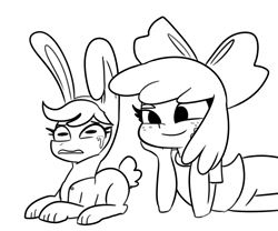 Size: 3608x3000 | Tagged: safe, artist:tjpones, imported from derpibooru, apple bloom, scootaloo, pegasus, pony, equestria girls, animal costume, black and white, bunny costume, clothes, costume, crying, duo, female, filly, freckles, grayscale, high res, lying down, monochrome, prone, simple background, white background