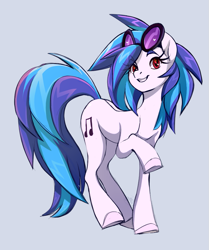 Size: 877x1047 | Tagged: safe, artist:1an1, imported from derpibooru, dj pon-3, vinyl scratch, earth pony, pony, unicorn, blue background, female, mare, missing horn, race swap, raised hoof, simple background, smiling, solo, sunglasses, unshorn fetlocks, vinyl's glasses, wingding eyes