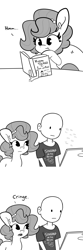 Size: 3000x9000 | Tagged: safe, artist:tjpones, imported from derpibooru, oc, oc only, oc:brownie bun, oc:richard, earth pony, human, pony, horse wife, black and white, book, comic, computer, female, grayscale, high res, laptop computer, male, mare, monochrome, simple background, white background