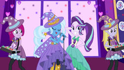 Size: 4500x2550 | Tagged: safe, artist:bigpurplemuppet99, imported from derpibooru, fuchsia blush, lavender lace, starlight glimmer, trixie, human, equestria girls, rainbow rocks, cape, clothes, dress, eyelashes, hat, singing, trixie and the illusions, trixie's cape, trixie's hat