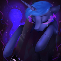 Size: 1000x1000 | Tagged: safe, artist:thecreativerey, imported from derpibooru, princess luna, alicorn, pony, armor, crying, eyes closed, female, mare, sad, solo