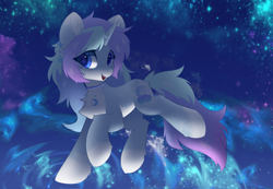 Size: 3508x2426 | Tagged: safe, alternate version, artist:neverend, imported from derpibooru, oc, pony, unicorn, collar, complex background, ear piercing, earring, high res, horn, jewelry, piercing, shading, space, unicorn oc