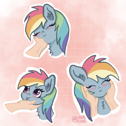 Size: 2048x2048 | Tagged: safe, artist:lynnpone, imported from derpibooru, rainbow dash, human, pegasus, pony, :p, awww, blushing, chest fluff, cute, daaaaaaaaaaaw, disembodied hand, ear fluff, eyes closed, hand, high res, human on pony petting, offscreen character, offscreen human, petting, solo, solo focus, tongue out