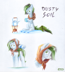 Size: 2343x2571 | Tagged: safe, artist:rsd500, imported from derpibooru, oc, oc only, oc:dusty soil, earth pony, pony, art trade, bag, cup, green eyes, high res, kettle, looking at you, looking up, reference sheet, saddle bag, simple background, teacup, traditional art, white background