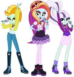 Size: 798x832 | Tagged: safe, artist:sarahalen, imported from derpibooru, adagio dazzle, aria blaze, coloratura, lightning dust, sassy saddles, sonata dusk, equestria girls, rainbow rocks, the mane attraction, alternate universe, clothes, countess coloratura, equestria girls-ified, female, gem, jewelry, microphone, necklace, open mouth, open smile, ponytail, rara, simple background, siren gem, smiling, smirk, spikes, the dazzlings, trio, trio female, white background