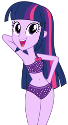 Size: 6496x11811 | Tagged: safe, artist:alandssparkle, imported from derpibooru, twilight sparkle, alicorn, equestria girls, absurd resolution, adorable face, adorasexy, arm behind head, armpits, beautiful, belly button, bikini, clothes, cute, female, hand on hip, legs together, midriff, sexy, simple background, sleeveless, solo, swimsuit, transparent background, twiabetes, twilight sparkle (alicorn), vector