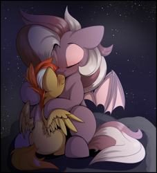 Size: 1364x1500 | Tagged: safe, artist:arume_lux, artist:luxsimx, imported from derpibooru, oc, oc only, oc:efflorescence, oc:sanguine sky, bat pony, pegasus, pony, bat pony oc, bat wings, colt, cuddling, female, hug, makeup, male, mare, wings