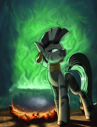 Size: 1280x1664 | Tagged: safe, artist:rocket-lawnchair, imported from derpibooru, zecora, zebra, backlighting, bracelet, cauldron, detailed background, ear piercing, earring, female, jewelry, lidded eyes, mare, neck rings, piercing, quadrupedal, solo