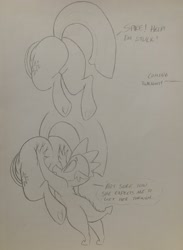 Size: 2772x3792 | Tagged: safe, artist:dynamo1940, imported from derpibooru, spike, twilight sparkle, dragon, pony, unicorn, butt, butt pushing, butt touch, buttstuck, hand on butt, high res, lineart, plot, pushing, rump push, stuck, traditional art, twibutt