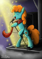 Size: 2059x2912 | Tagged: safe, artist:greenflyart, imported from derpibooru, oc, oc only, oc:nessie (bronyscot), pony, bronyscot, bronyscot 2018, clothes, high res, mascot, microphone, scarf, solo, speaker, speakers