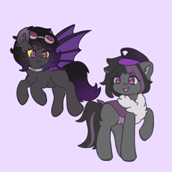 Size: 2048x2048 | Tagged: safe, artist:mayohnays, imported from derpibooru, oc, oc only, oc:mimicry, oc:zenaris blackmour, bat pony, original species, branding, collar, cute, dyed mane, dyed tail, female, fluffy, flying, goggles, hat, high res, looking at each other, male, mare, shiftling, smiling, smiling at each other, stallion, wings