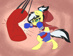 Size: 3300x2550 | Tagged: safe, artist:leadhooves, imported from derpibooru, oc, oc only, oc:uppercute, earth pony, pony, bipedal, boxer, boxing, boxing gloves, boxing shorts, clothes, female, freckles, hair tie, high res, hoodie, mare, punch, punching bag, solo, sports