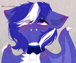 Size: 2605x2150 | Tagged: safe, artist:krissstudios, imported from derpibooru, oc, oc only, oc:rainey lovers, bat pony, pony, bat wings, blushing, bust, collar, fangs, high res, pale belly, portrait, solo, two color hair, two toned hair, white belly, wings