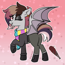 Size: 2000x2000 | Tagged: safe, artist:pink-pone, imported from derpibooru, oc, oc only, oc:chiroptophobia, bat pony, pony, clothes, female, high res, mare, one eye closed, scarf, solo, tongue out, wink