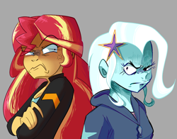 Size: 1380x1080 | Tagged: safe, artist:beefgummies, artist:fatjelyfish, imported from derpibooru, sunset shimmer, trixie, equestria girls, friendship games, aggie.io, angry, clothes, cross-popping veins, crossed arms, duo, female, freckles, fringe, gray background, hairpin, jacket, looking at each other, peppered bacon, simple background, that pony sure have anger issues