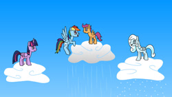 Size: 1280x720 | Tagged: safe, artist:platinumdrop, imported from derpibooru, rainbow dash, scootaloo, twilight sparkle, oc, oc:snowdrop, alicorn, cloud, request, sky, twilight sparkle (alicorn)