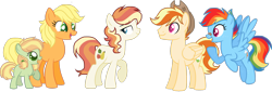 Size: 4200x1428 | Tagged: safe, artist:gallantserver, imported from derpibooru, applejack, rainbow dash, oc, oc:caramel crisp, oc:smithy gold, oc:sugarcube, female, filly, magical lesbian spawn, male, mare, offspring, parent:applejack, parent:rainbow dash, parents:appledash, simple background, stallion, transparent background