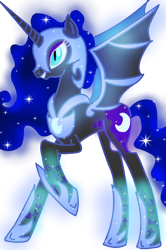 Size: 1280x1930 | Tagged: safe, artist:goldlines005, imported from derpibooru, nightmare moon, alicorn, bat pony, bat pony alicorn, pony, bat ponified, bat wings, bat wings', ethereal mane, female, grin, helmet, hoof shoes, horn, mare, peytral, race swap, raised hoof, simple background, slit eyes, slit pupils, smiling, solo, starry mane, transparent background, wings