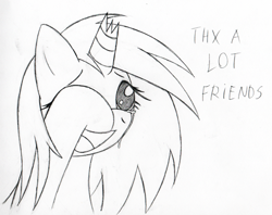 Size: 500x395 | Tagged: safe, artist:srmario, imported from derpibooru, oc, oc only, oc:doctiry, pony, unicorn, :d, broken horn, crying, eyelashes, female, horn, lineart, mare, monochrome, open mouth, simple background, smiling, solo, talking, tears of joy, unicorn oc, white background, wiping tears