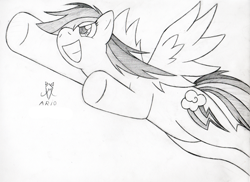 Size: 600x437 | Tagged: safe, artist:srmario, imported from derpibooru, rainbow dash, pegasus, pony, female, flying, grin, lineart, mare, monochrome, simple background, smiling, solo, underhoof, white background