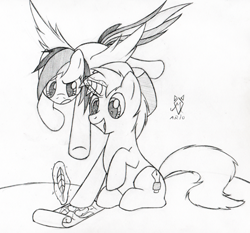 Size: 500x466 | Tagged: safe, artist:srmario, imported from derpibooru, rainbow dash, oc, pegasus, pony, unicorn, confused, flying, glowing horn, hat, horn, lineart, magic, monochrome, quill, scroll, simple background, smiling, telekinesis, underhoof, unicorn oc, white background, wings