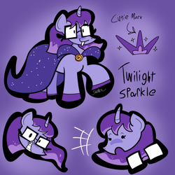 Size: 4000x4000 | Tagged: safe, artist:shunks, imported from derpibooru, twilight sparkle, pony, unicorn, alternate cutie mark, alternate design, cape, character design, character development, clothes, colored hooves, concept art, cutie mark, glasses, glasses off, lineart, looking at you, nerd, purple mane, redesign, simple background, smug, solo, surprised, unicorn twilight