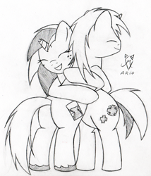 Size: 400x468 | Tagged: safe, artist:srmario, imported from derpibooru, oc, oc only, oc:doctiry, oc:doom, pony, unicorn, broken horn, duo, eyes closed, female, horn, hug, lineart, male, mare, monochrome, simple background, smiling, stallion, unicorn oc, unshorn fetlocks, white background