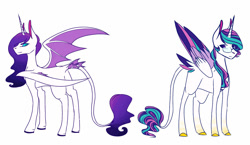 Size: 1994x1160 | Tagged: safe, artist:artfestation, imported from derpibooru, oc, oc only, alicorn, bat pony, pony, bat pony oc, bat wings, duo, female, glasses, leonine tail, magical lesbian spawn, mare, offspring, parent:princess celestia, parent:princess luna, parent:rarity, parent:twilight sparkle, parents:rariluna, parents:twilestia, simple background, white background, wings