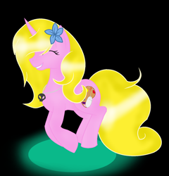 Size: 1376x1432 | Tagged: safe, artist:aonairfaol, imported from derpibooru, oc, oc only, pony, unicorn, black background, eyes closed, female, flower, flower in hair, horn, jewelry, mare, necklace, simple background, smiling, unicorn oc